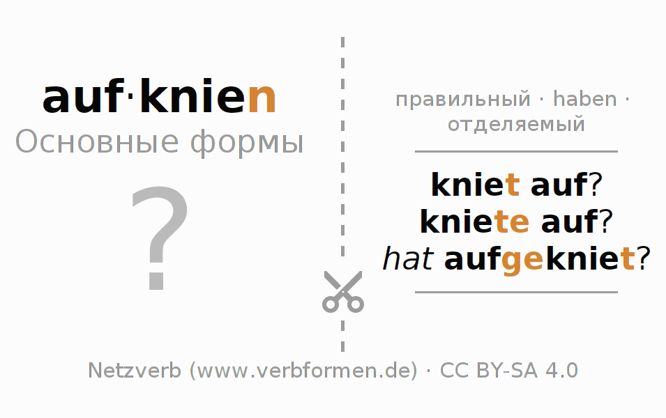 Обучающие карточки по спряжению глагола aufknien (hat)