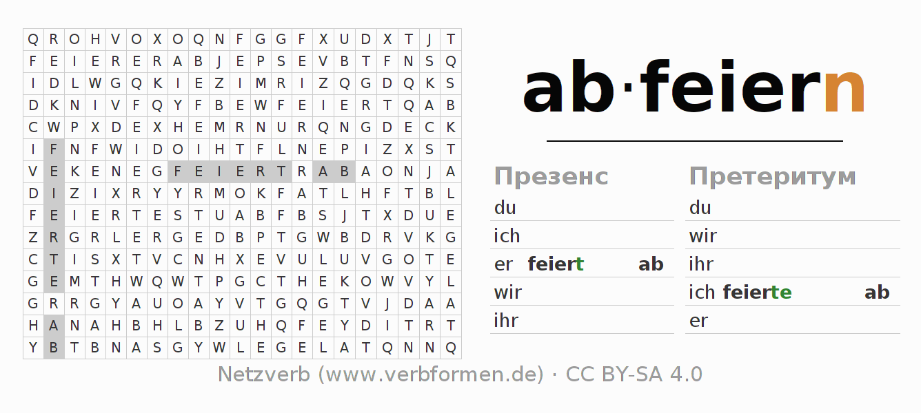 головоломка по спряжению немецких глаголов abfeiern