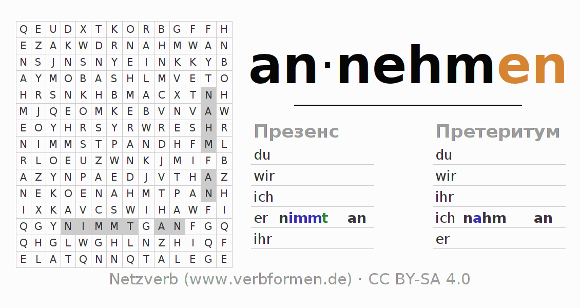 головоломка по спряжению немецких глаголов annehmen