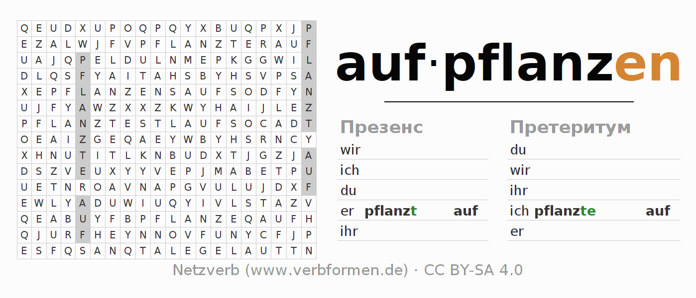 головоломка по спряжению немецких глаголов aufpflanzen