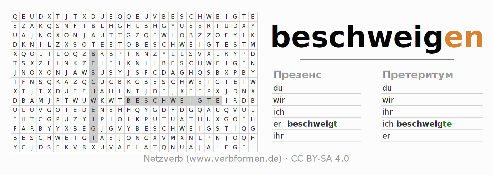 головоломка по спряжению немецких глаголов beschweigen
