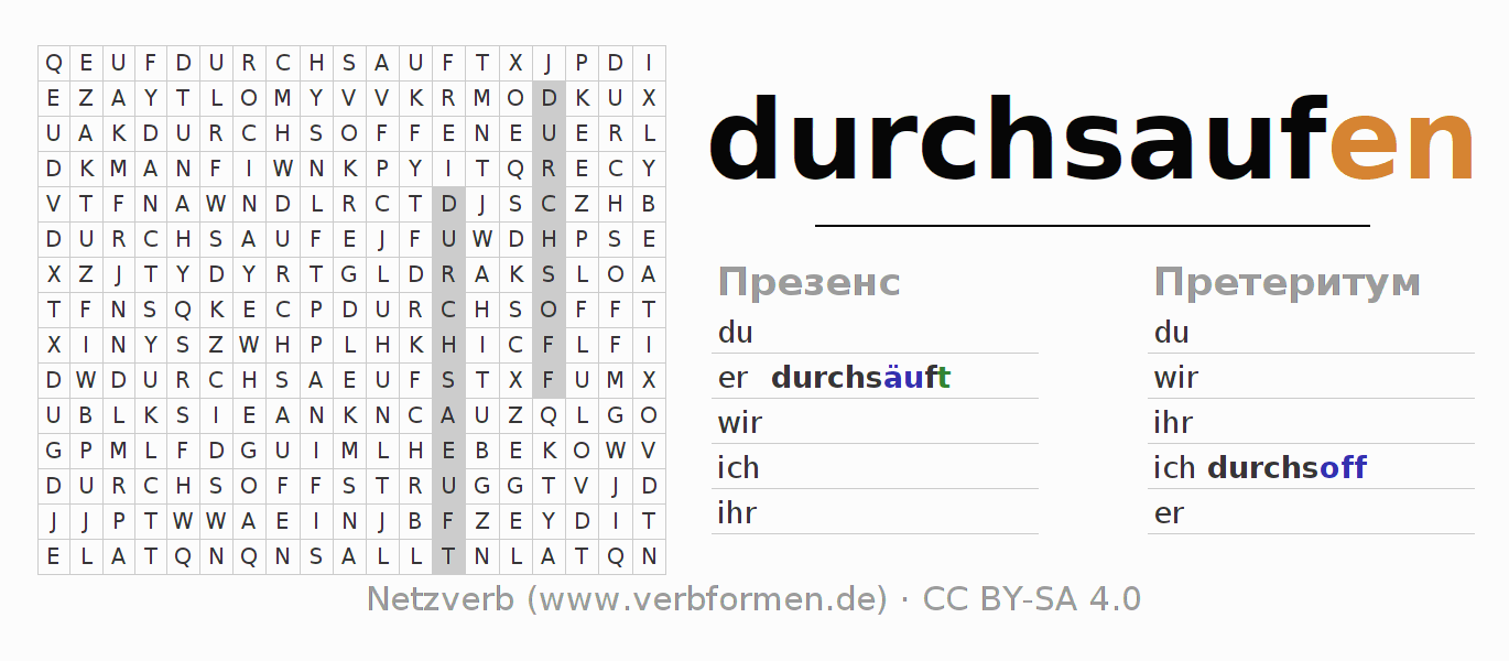 головоломка по спряжению немецких глаголов durchsaufen