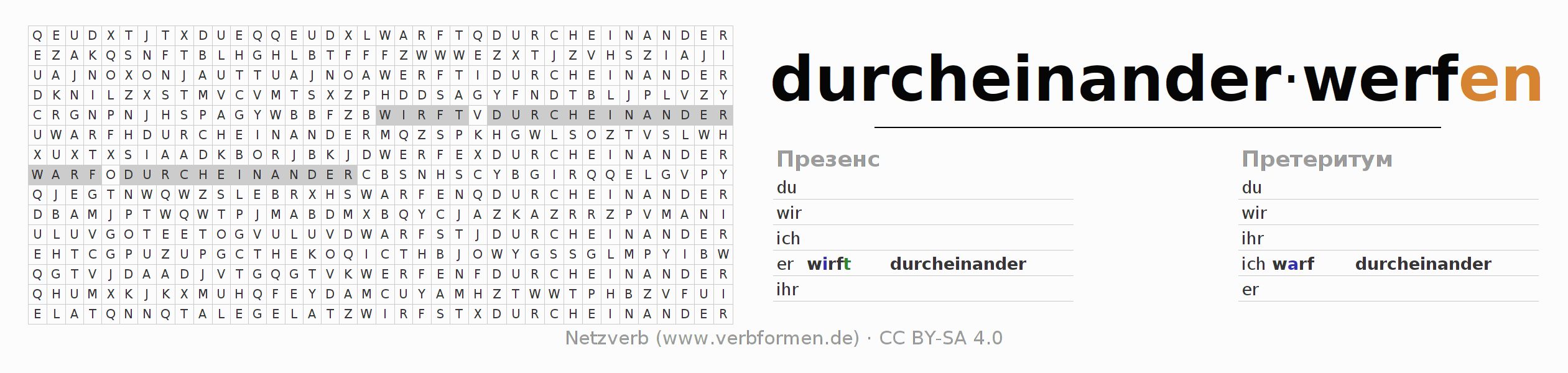 головоломка по спряжению немецких глаголов durcheinanderwerfen