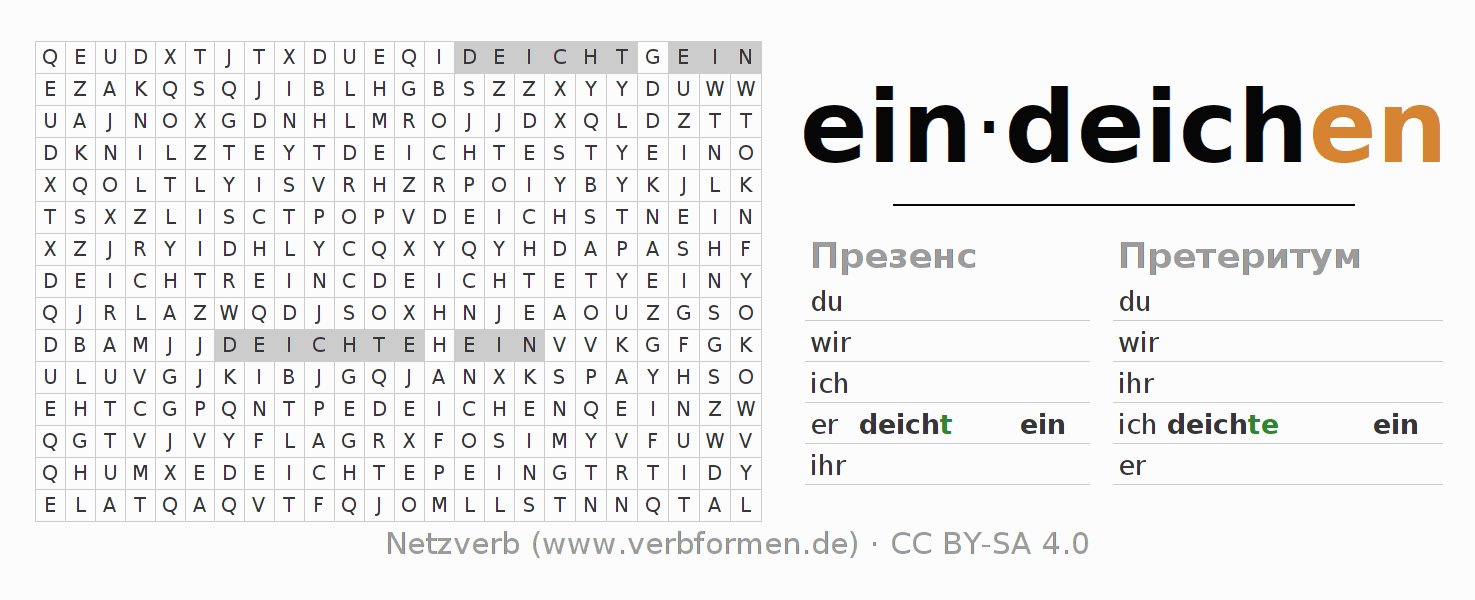 головоломка по спряжению немецких глаголов eindeichen