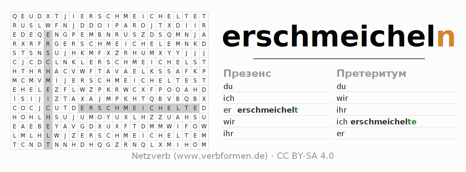 головоломка по спряжению немецких глаголов erschmeicheln