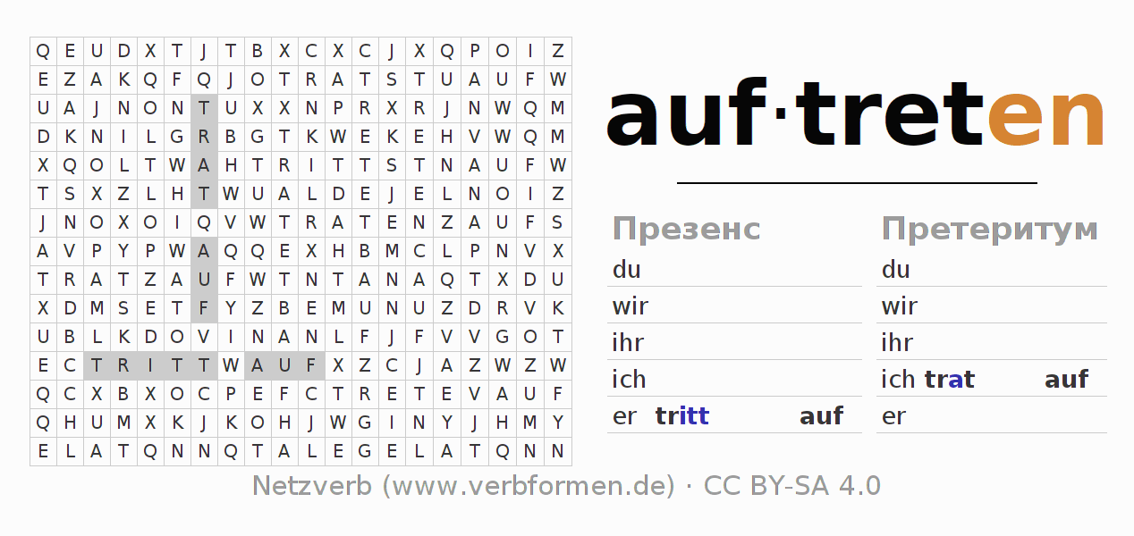 головоломка по спряжению немецких глаголов auftreten (hat)