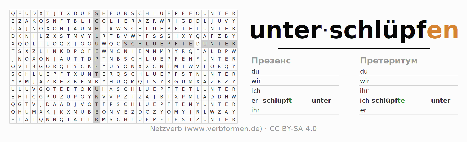 головоломка по спряжению немецких глаголов unterschlüpfen