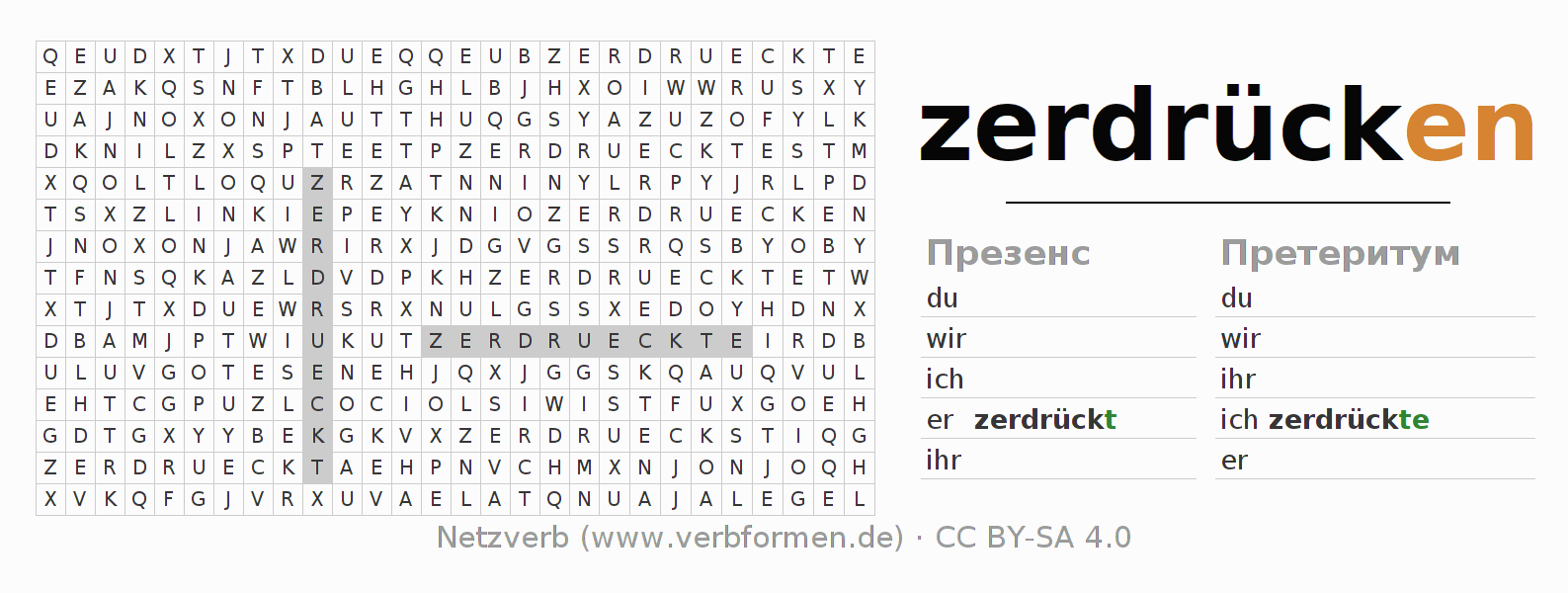 головоломка по спряжению немецких глаголов zerdrücken