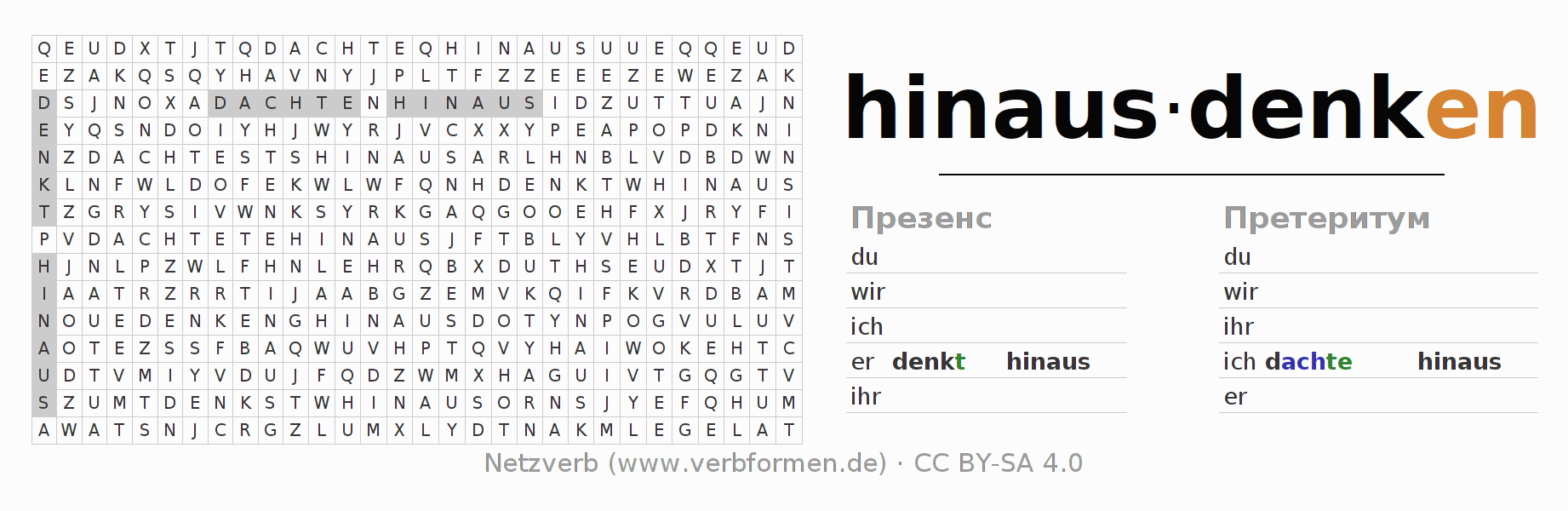 головоломка по спряжению немецких глаголов hinausdenken