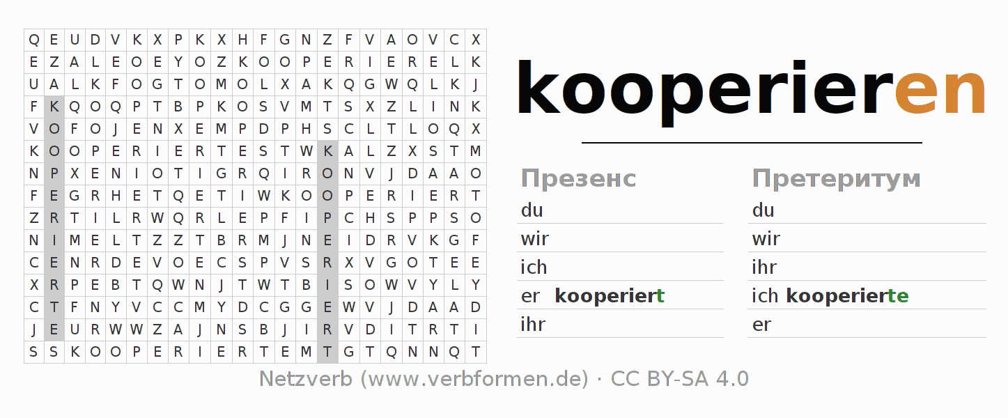 головоломка по спряжению немецких глаголов kooperieren