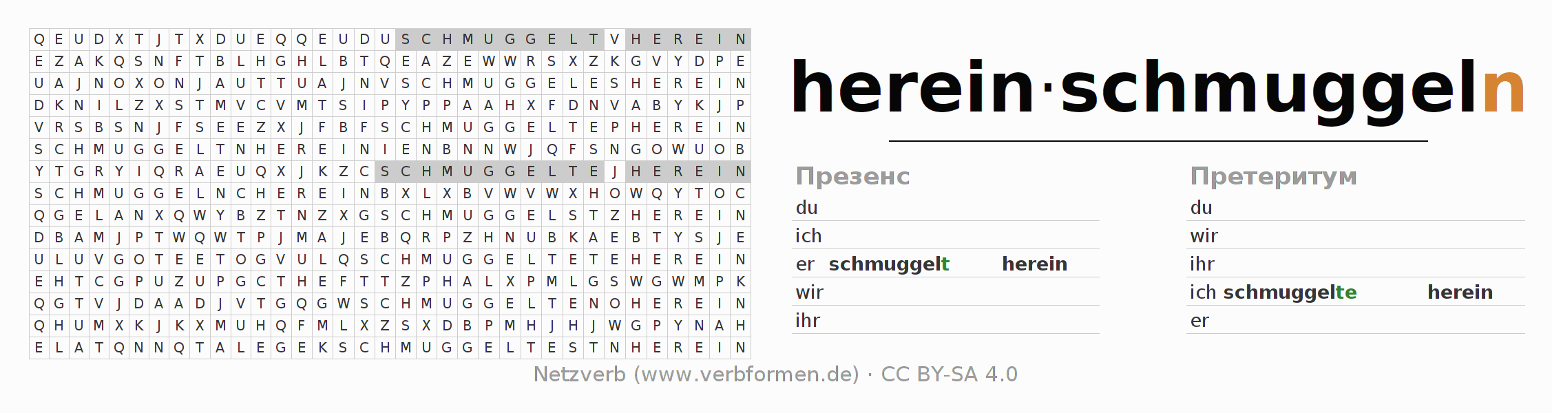 головоломка по спряжению немецких глаголов hereinschmuggeln
