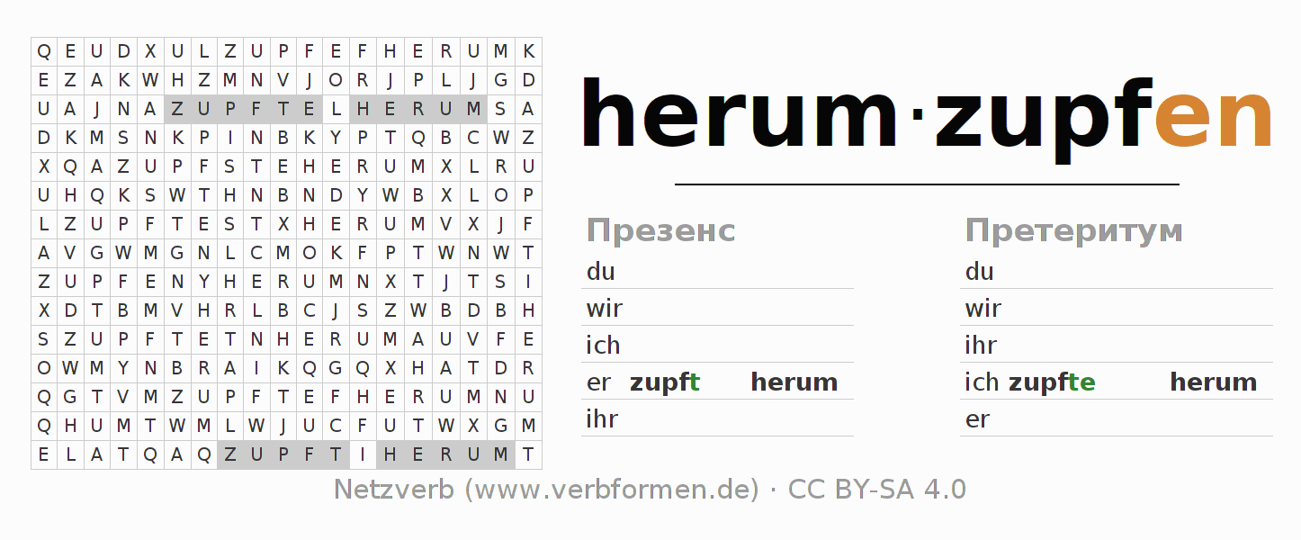 головоломка по спряжению немецких глаголов herumzupfen