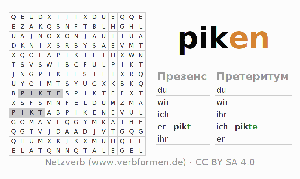 головоломка по спряжению немецких глаголов piken