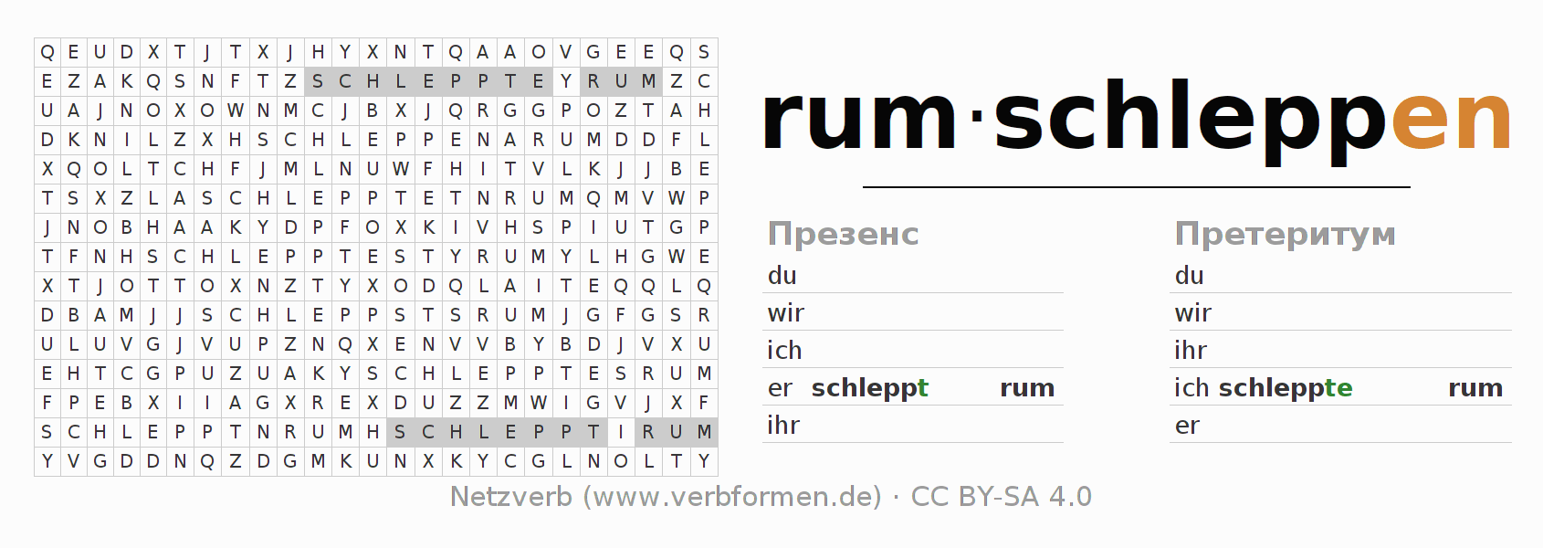 головоломка по спряжению немецких глаголов rumschleppen