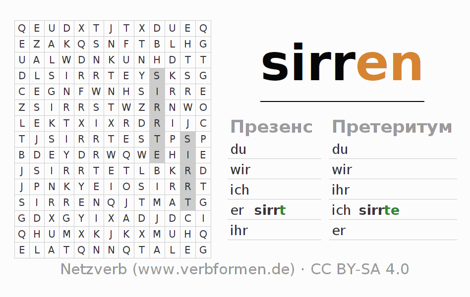 головоломка по спряжению немецких глаголов sirren (hat)