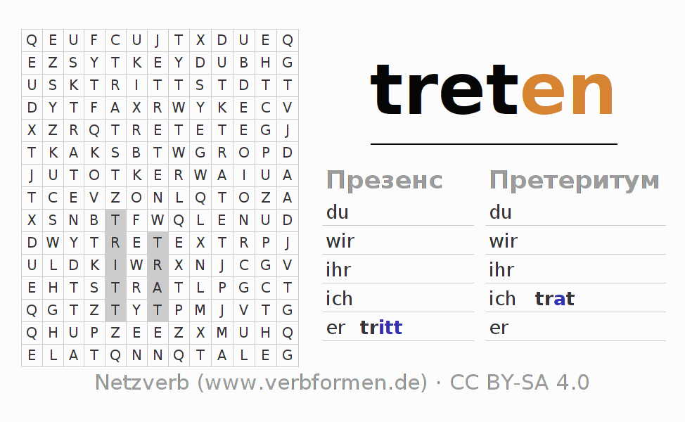 головоломка по спряжению немецких глаголов treten (hat)