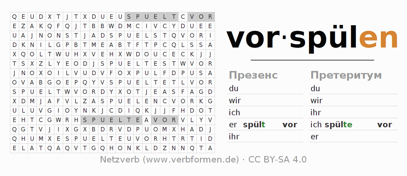 головоломка по спряжению немецких глаголов vorspülen