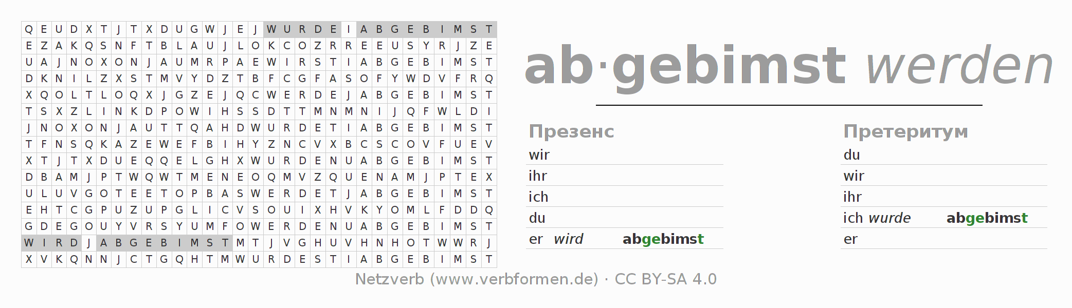 головоломка по спряжению немецких глаголов abbimsen