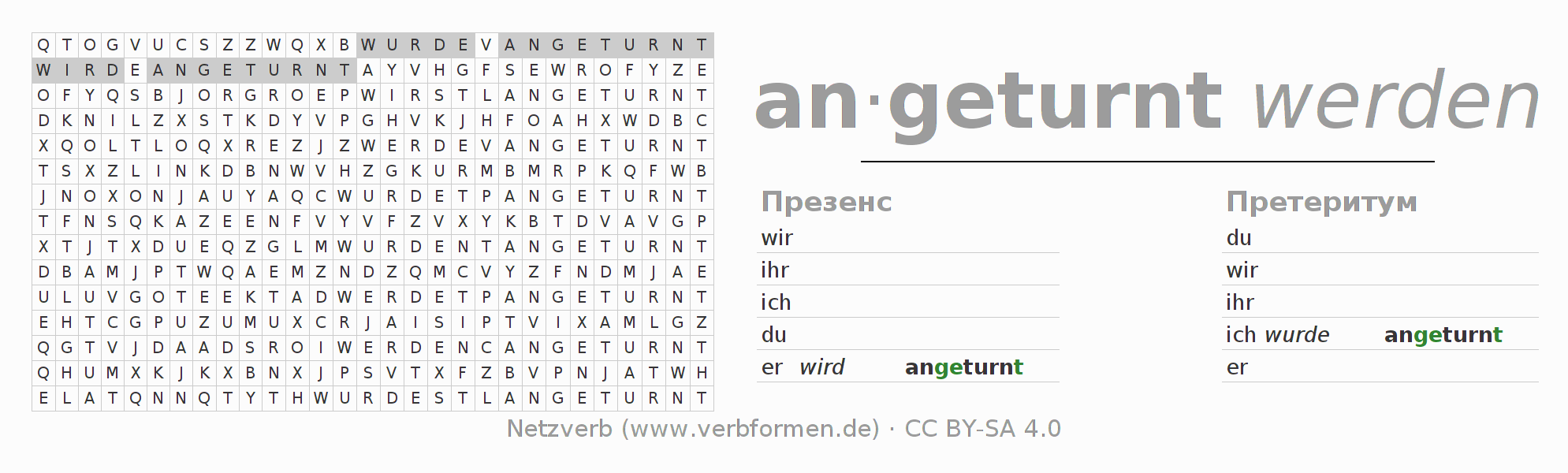 головоломка по спряжению немецких глаголов anturnen (hat)