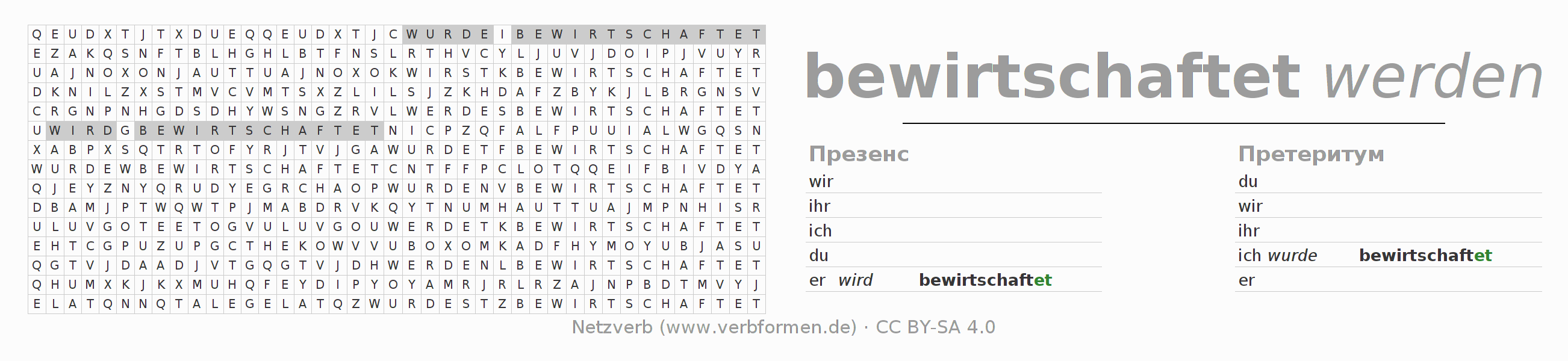 головоломка по спряжению немецких глаголов bewirtschaften