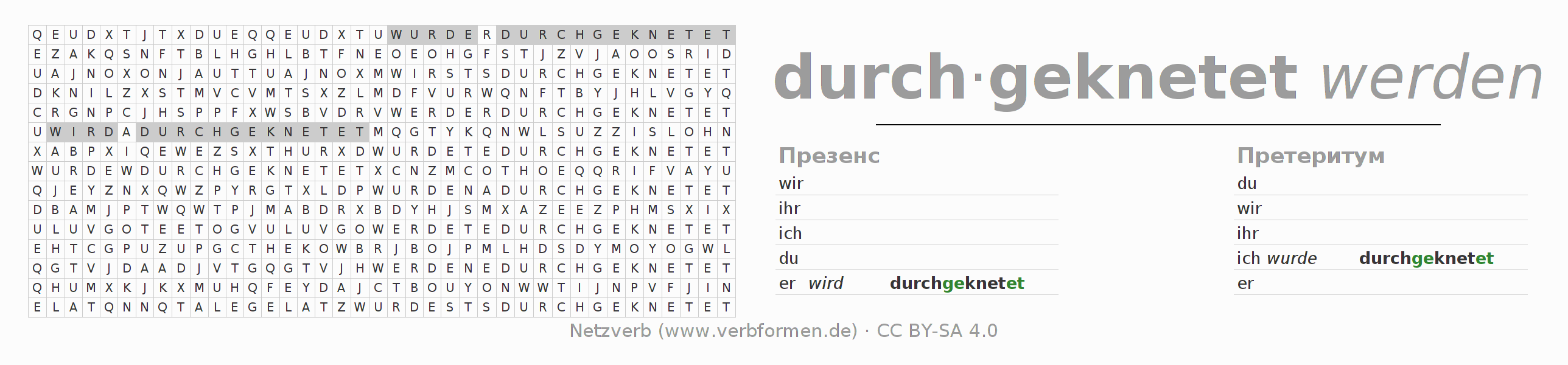 головоломка по спряжению немецких глаголов durchkneten