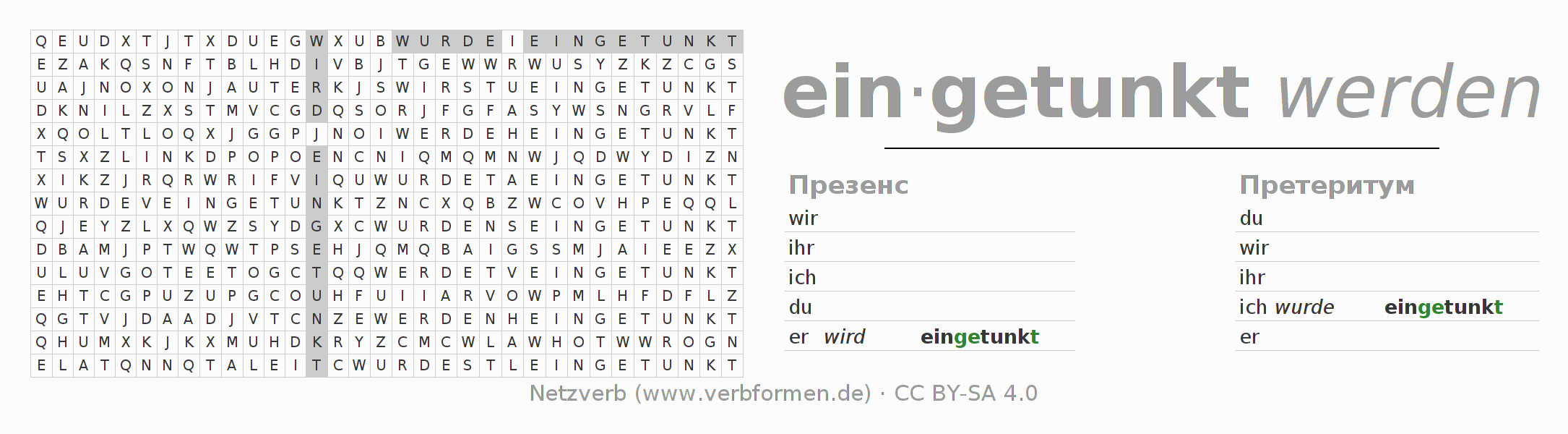 головоломка по спряжению немецких глаголов eintunken