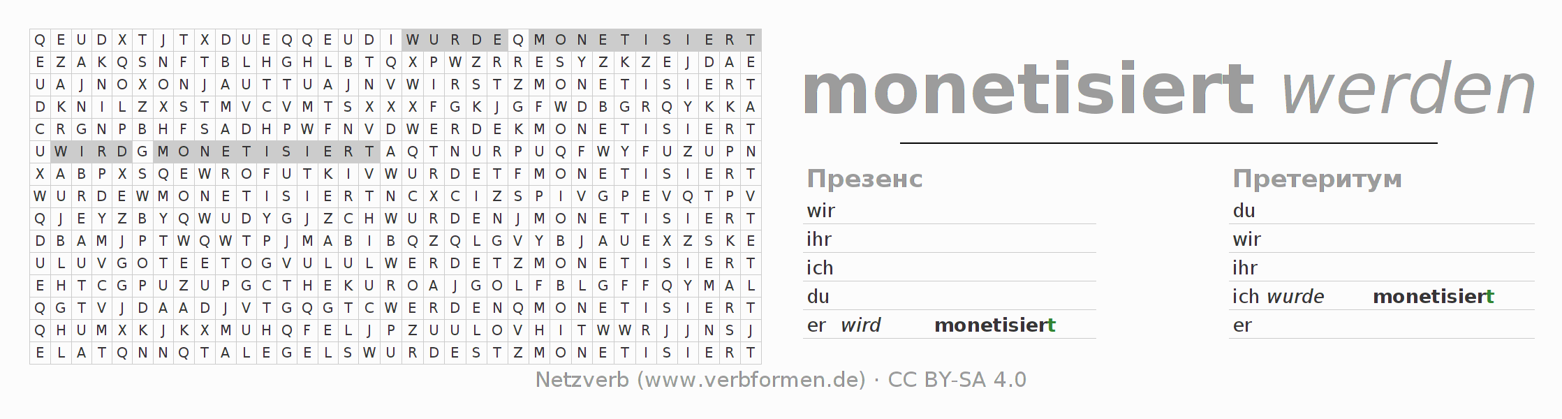 головоломка по спряжению немецких глаголов monetisieren