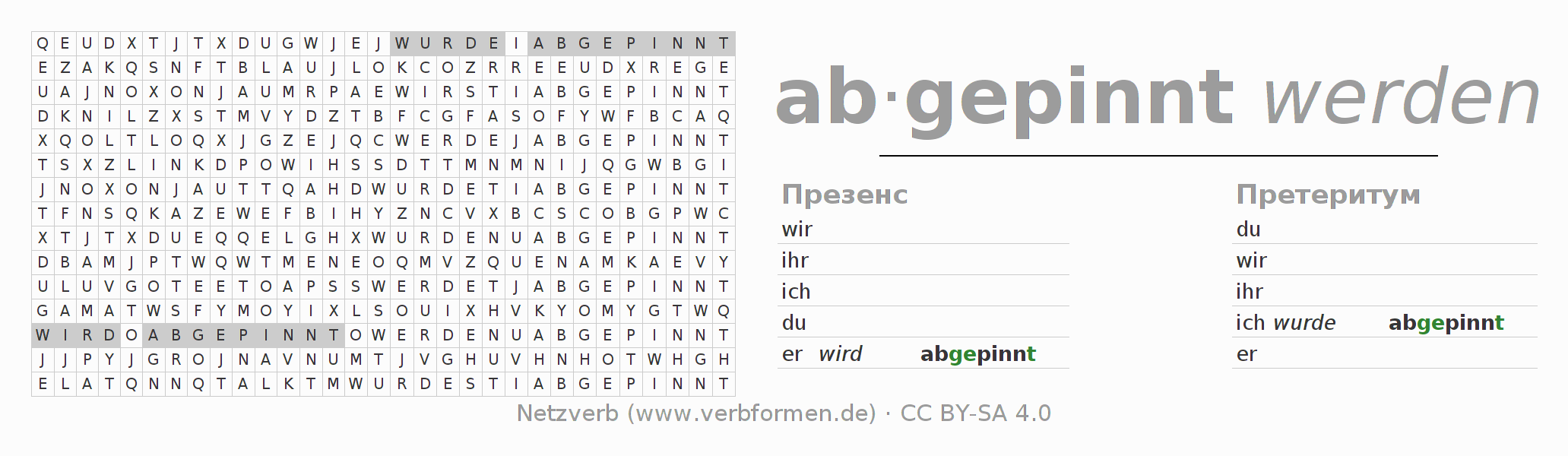 головоломка по спряжению немецких глаголов abpinnen